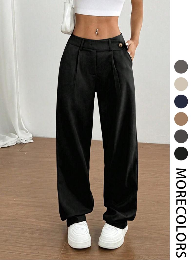 Women's Solid Color Straight Leg Pants, Casual Comfy Pocket Trousers for Daily Wear, Ladies Bottoms for All Seasons, Asymmetrical Waist Design Pants, Casual Chic Trousers