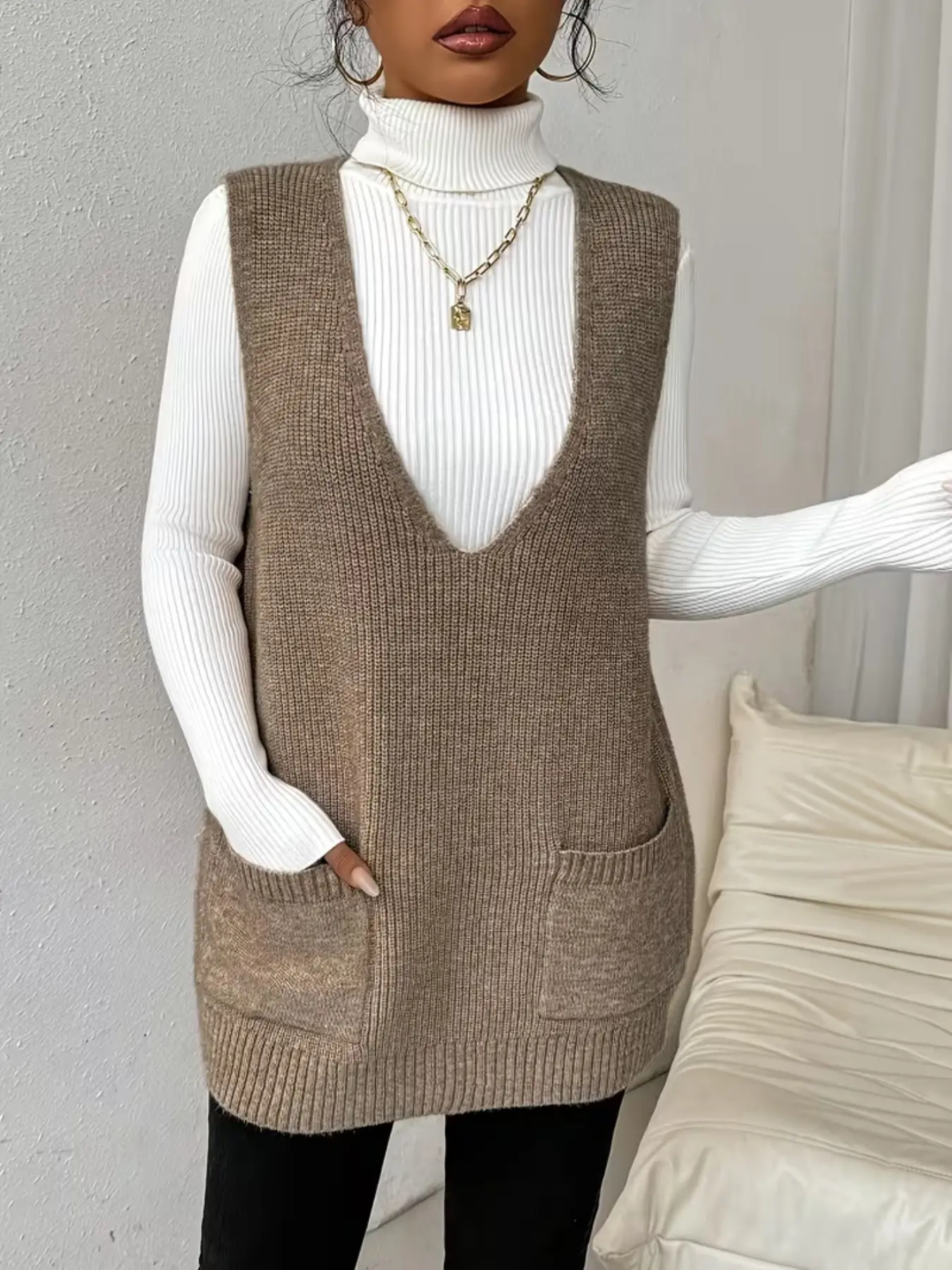 Women's Deep V Neck Loose Knit Sweater Vest, Sleeveless Long Dress with Front Pocket, Casual Ribbed Hem, Multifunctional Loose Fit