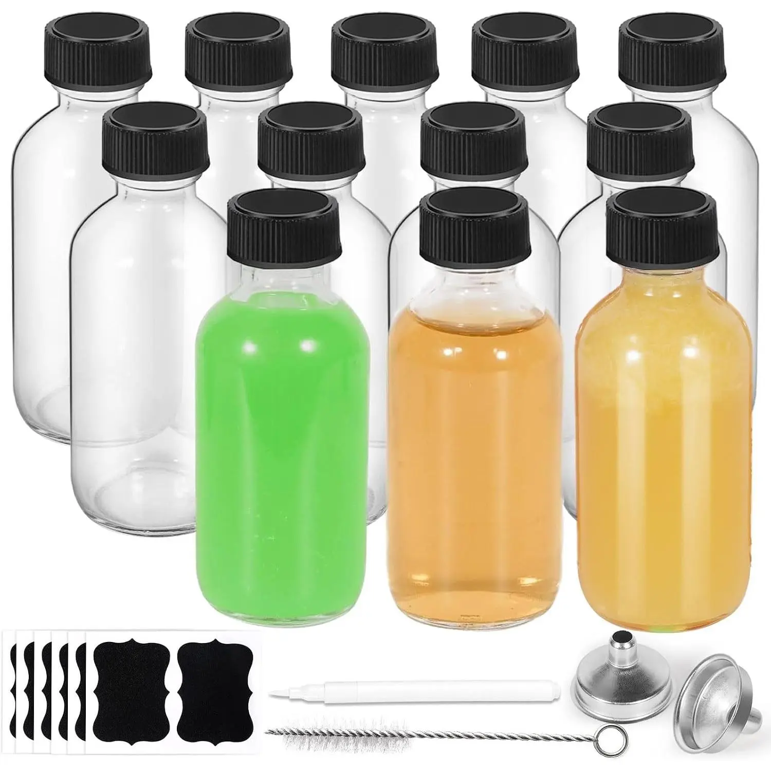 12-Pack 2oz Glass Bottles with Lids, Leakproof Mini Boston Round Kit, Reusable Travel Size Decorative Shot Bottles with Funnels, Brush, Chalk Marker & Labels for Ginger, Juice & Vanilla ExtractGift