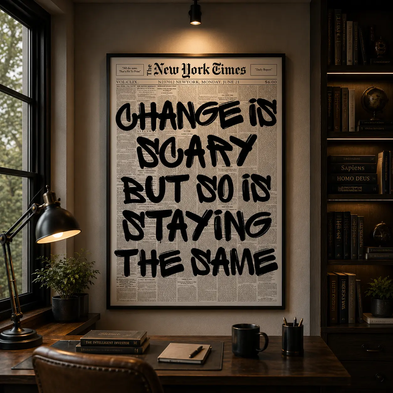 Retro Change Is Scary Motivational Poster, Vintage Newspaper Print, Inspirational Typography Wall Art, Uplifting Quote Canvas Print, Office Wall Decor, Aesthetic Room Decor, Modern Wall Art