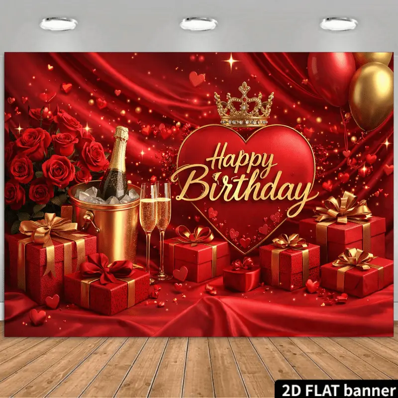 Polyester Happy Birthday Backdrop Banner - Festive Party Decor for Indoor Casual Use with 3-Tier Red Cake, Crown, Lit Candles, Red Roses, High Heels, Champagne Glasses, Balloons, Gift Boxes, Stars, Ribbons, Geometric Flower Designs