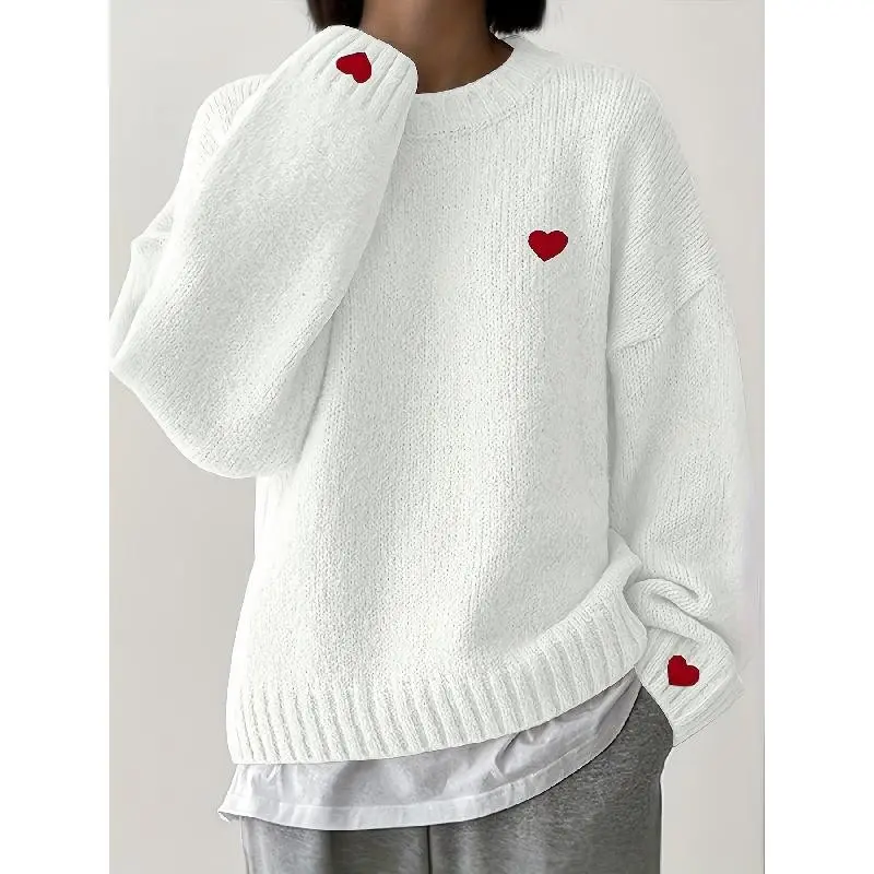Women's White Heart Embroidered Drop Shoulder Sweater - Soft Long Sleeve Round Neck Pullover for Fall Winter, Cozy Casual Chic Korean, Cute Sweaters, Winter Clothing, Durable Knitwear