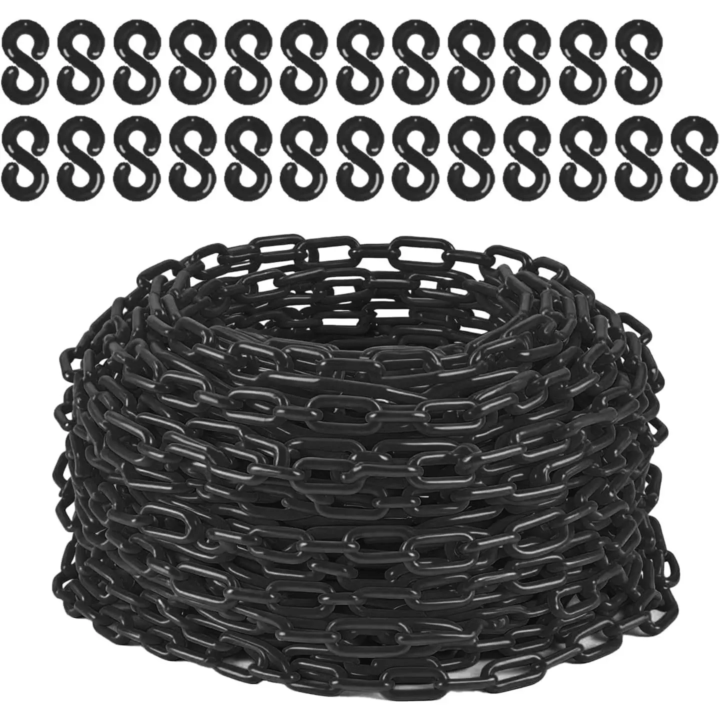 120 ft Plastic Safety Chain with 25 S-Hooks, 6mm Links, Choose Red, Yellow, or Black