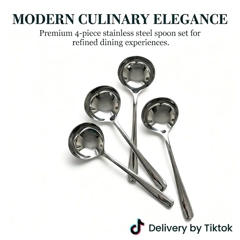 4 Piece Premium Stainless Steel Soup Spoons - Heavy Duty Weighted Table Spoons with Mirror Polish Finish, Round Dinner Spoons for Soup, Cereal & Dessert