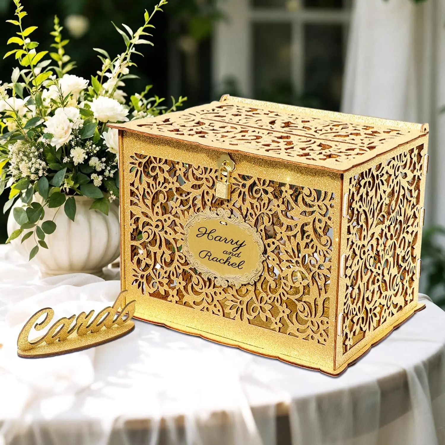 Glittery Gold Wedding Card Box with Lock, Wood Gift Card Box for Wedding Reception, Envelope Box for Party Graduation Birthday Baby Shower Decorations