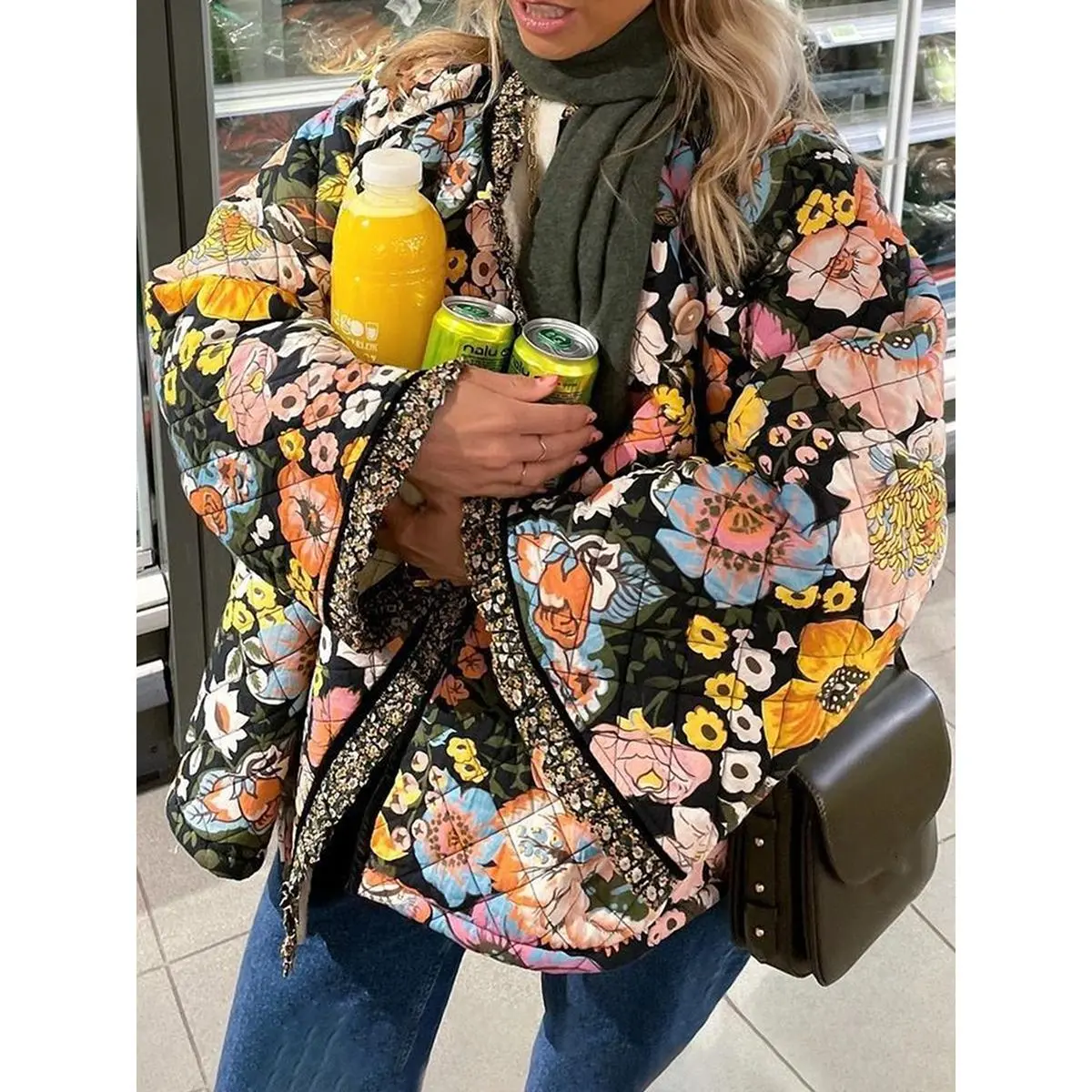 Women Winter Loose Quilted Jacket Floral Print Button Down Long Sleeve Padded Coat Warm Outwear