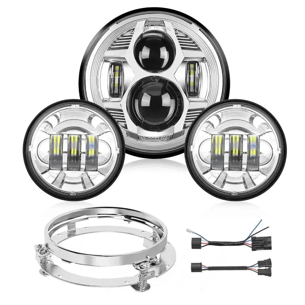 Nilight LED Motorcycle Light Kit - 7in Chrome Headlights, 4.5in Fog Lights, Plug & Play, IP67 Rated, Waterproof, Cooling, Compatible with Fatboy, Road King Models