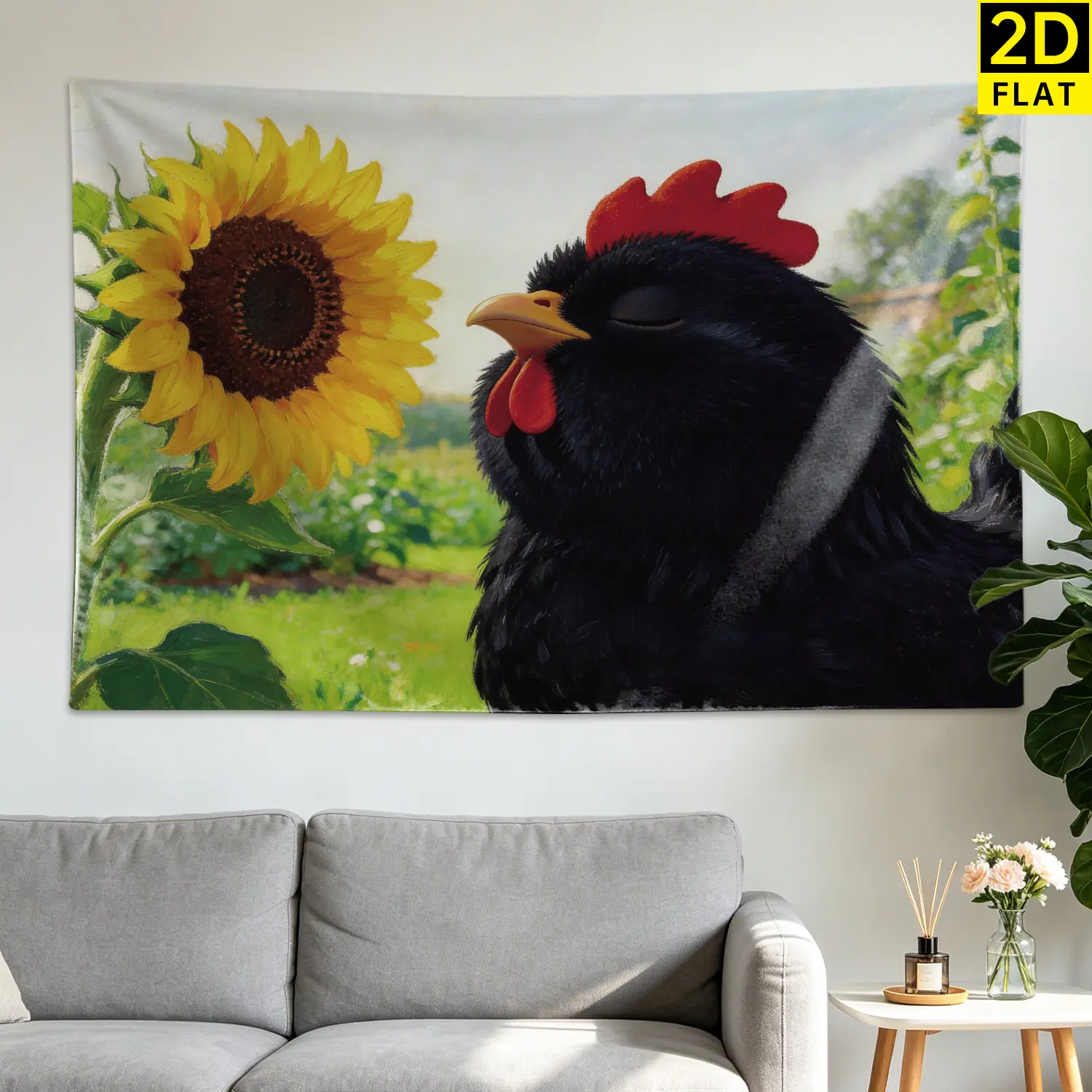 Black Rooster Sunflower Rustic Farmhouse Wall Tapestry - Large Printed Horizontal Polyester Wall Hanging Decor, Artwork for Living Room, Bedroom, No Installation Required, Indoor-Outdoor Room Decor Gift for Family