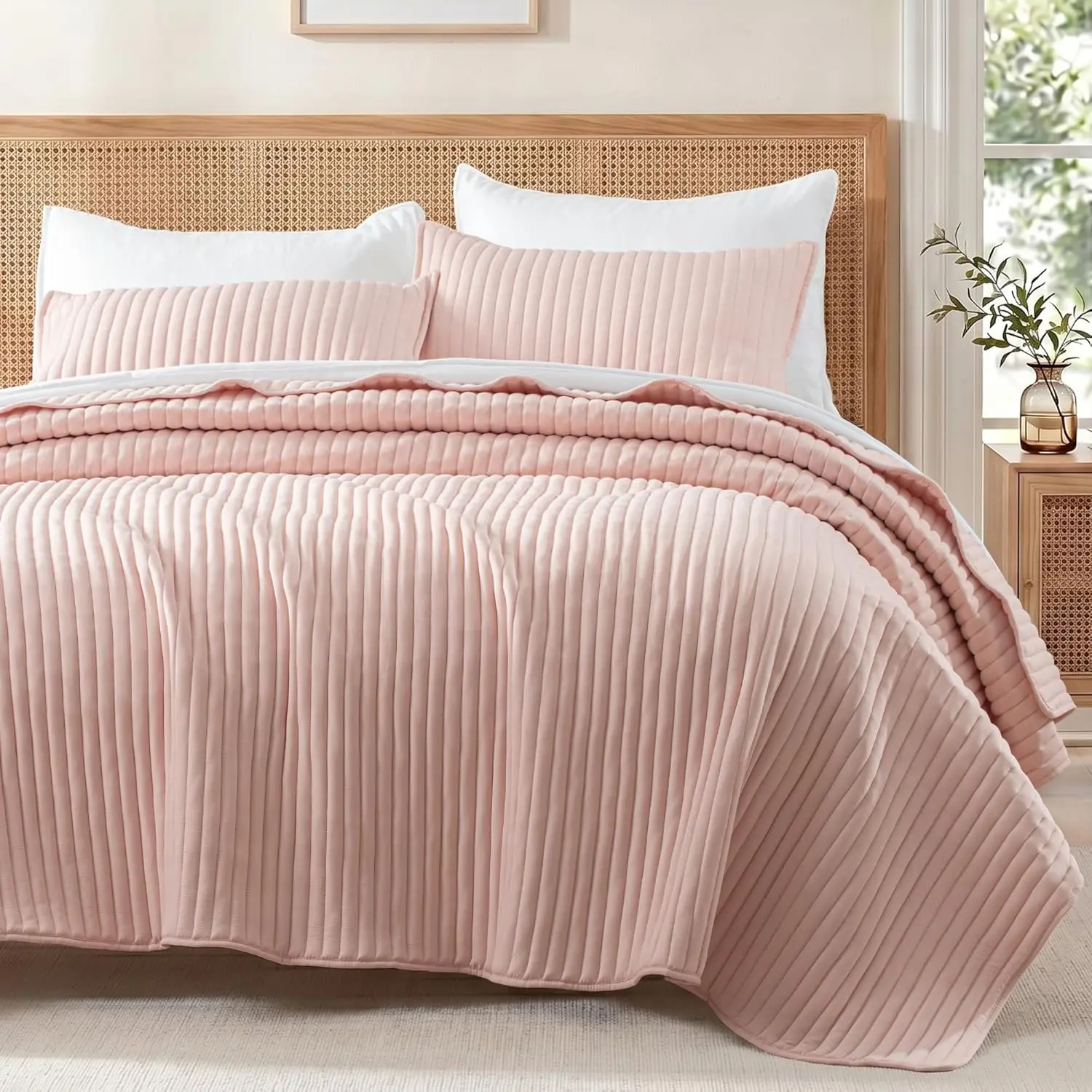 Twin Bedding Set, Lightweight Stripe Quilted Twin Size for All, Soft Microfiber Bedspreads Coverlets Bed Cover (Blush Pink, 68"x88")