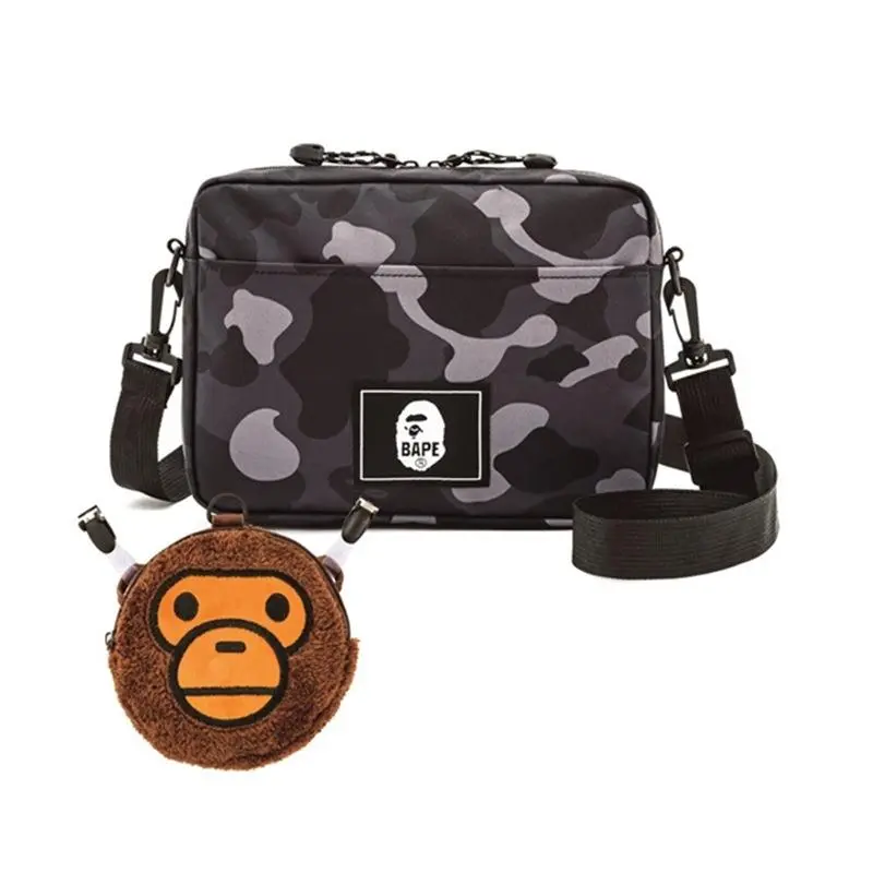 Camouflage Crossbody Bag With Detachable Monkey Plush Toy Bag Hip Hop Streetwear Shoulder Bag Multifunctional Messenger Bag For Men Women