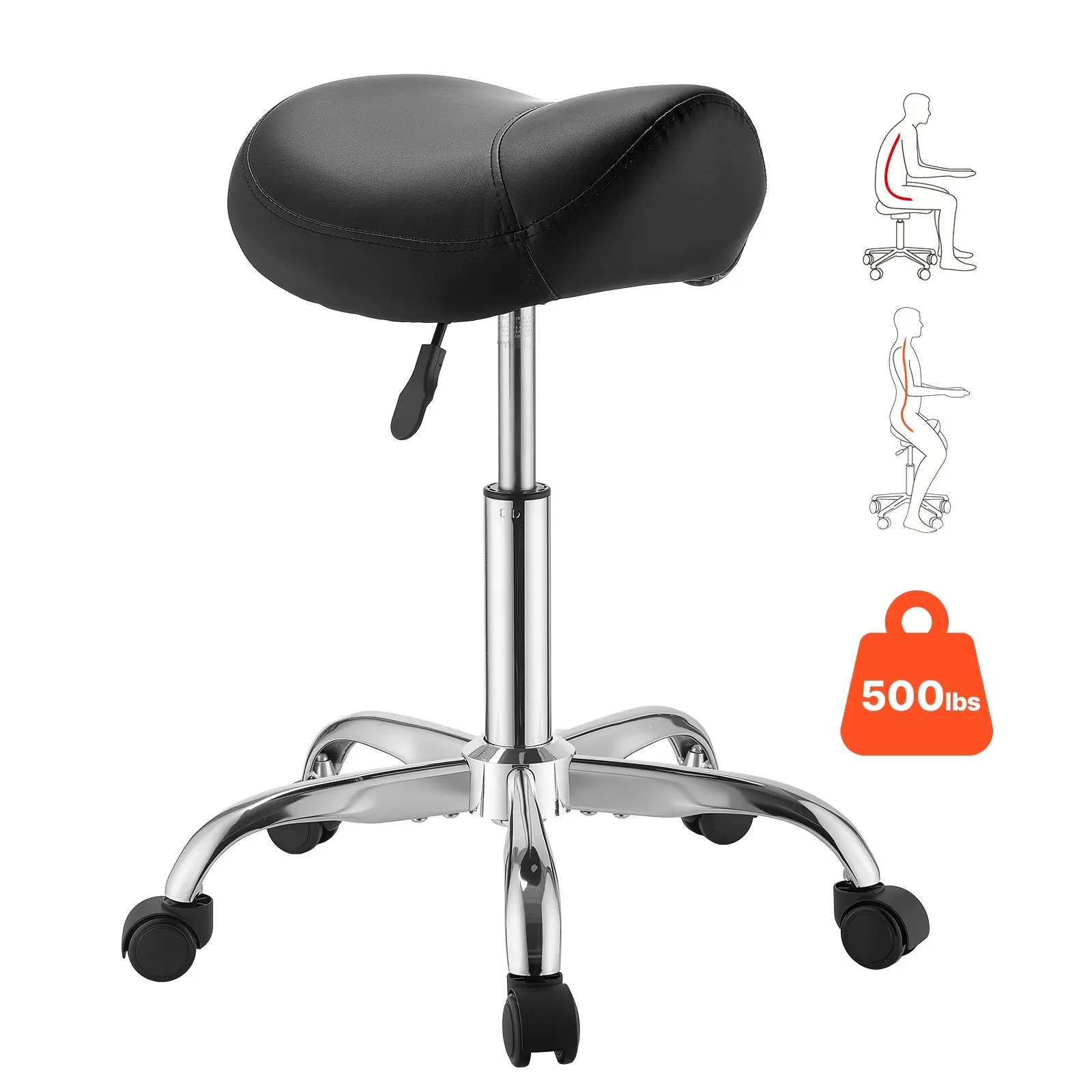 VEVOR Sturdy Swivel Saddle Stool with Wheels, 500 lbs/226.80 kg Capacity, 14.8 x 14.1 in Ergonomic Wipe-Clean PU Leather Seat, 21.1-27.4 in Height Adjustable, Pressure Relief Bar for Pet Grooming, Massage, Spa, Salon, Black, Swivel Wheels