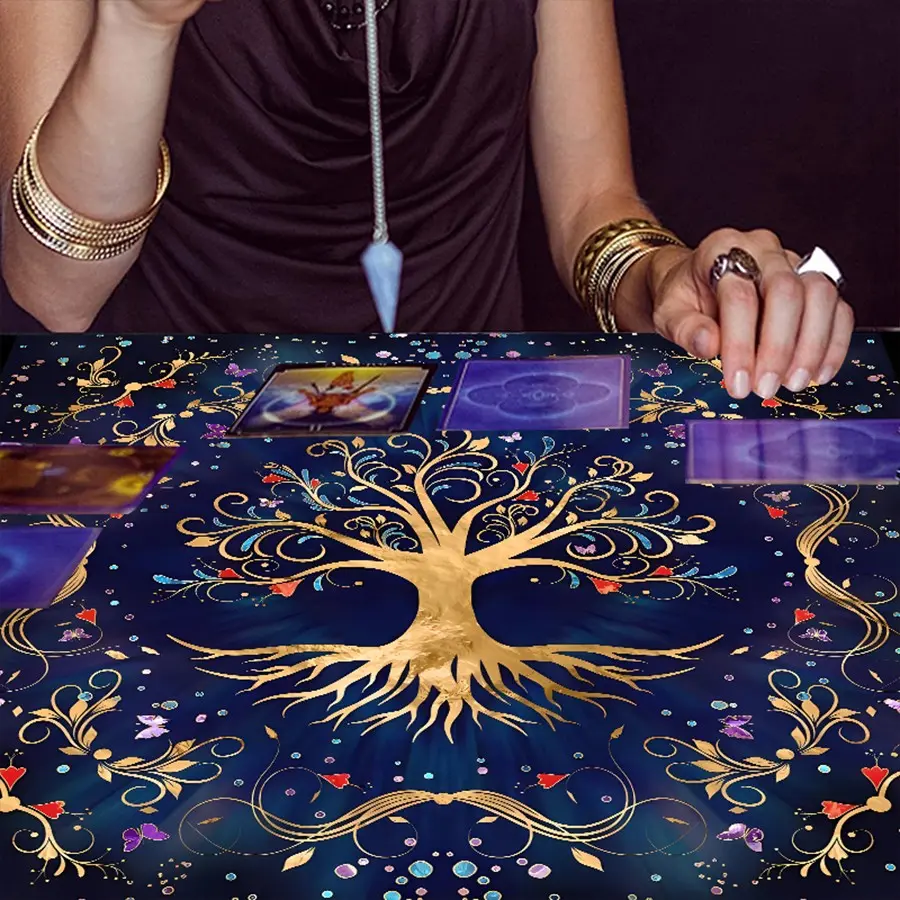 1pc Mystic Tree of Life Tarot Table Cloth Golden Foil‑Style Tree Colorful Butterfly Ornament Dark Blue Background Square Divination Mat Lightweight Wall Hanging Aesthetic Home Decor