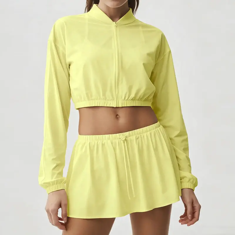 Women's Sports Clothing Set - Outdoor Sport Women's Clothes with Quick Dry Long-Sleeved Shirt, Fashionable Short Skirt, Zipper Top Sun-Protective Breathable Outerwear, Cold Wash Compatible
