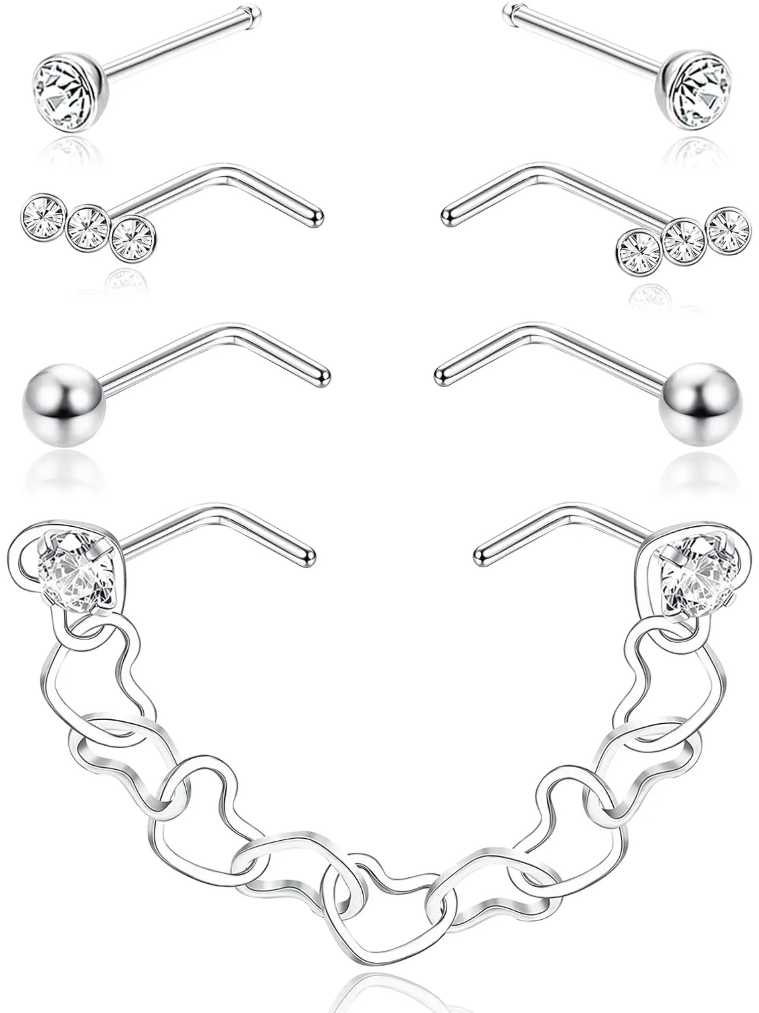 9 Pcs Nose Chain Nose Ring Nostril Piercing Chain Double Nose Ring Chain 316L Stainless Steel Nose Rings L Shaped and Heart Nose Chain 3.8cm 4.2cm Nose Piercing Chain Nostril Piercing Jewelry