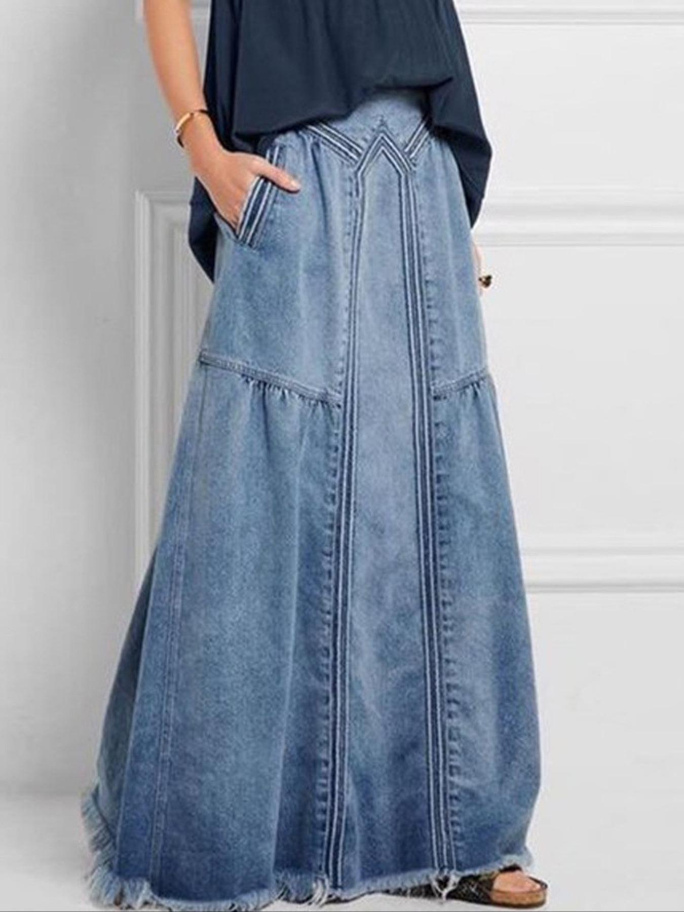 Women's Denim Skirt, Casual Loose-Fitting Baggy Maxi Skirt, Elastic Waist, Plain Surface, All Seasons, Comfortable Street Style