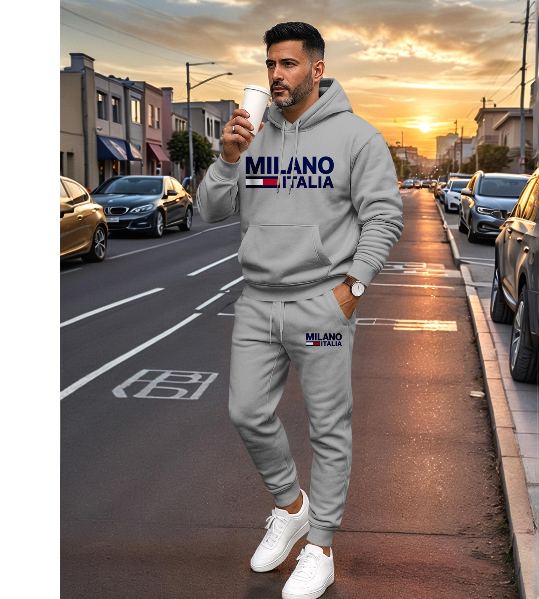 Men's MILANO Letter Pattern Print Hoodie and Drawstring Sweatpants Set, Menswear, Casual Athletic Long Sleeve Hooded Jacket & Trousers for Fall & Winter, Men's Clothing for Daily Wear, Sportswear Indoor Outdoor, Tracksuit, Athleisure