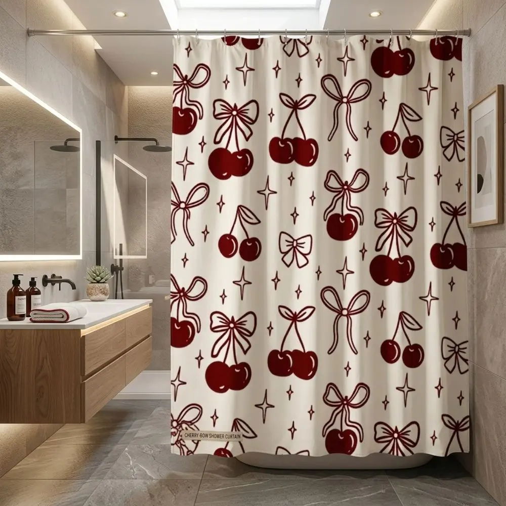 Retro Cherry Shower Curtain with Ribbon Bows & Stars, Cream Background Bathroom Decor, Vintage Fruit Pattern for Kitchen or Home, Festive Holiday Gift Idea, Cute Shower Curtain