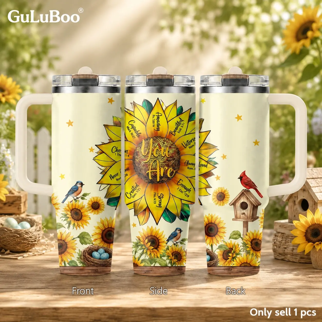 Sunflower You Are Affirmation Art Vacuum Flasks 40oz 3rd Gen Vacuum Insulated Stainless Steel Tumbler with Handle, Straw Lid, Leak-Resistant Travel Mug for Water, Coffee, Gifts, Office, Gym & Car Cup Holder