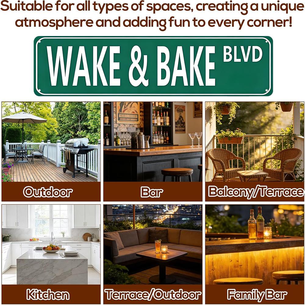 Wake & Bake BLVD Street Sign 16x4 Inch Aluminum Metal Sign - Funny Stoner Wall Decor for Kitchen, Dorm Room, Man Cave, Smoke Shop - Retro Tin Sign Gift for Cannabis Enthusiasts & Stoner Culture Fans