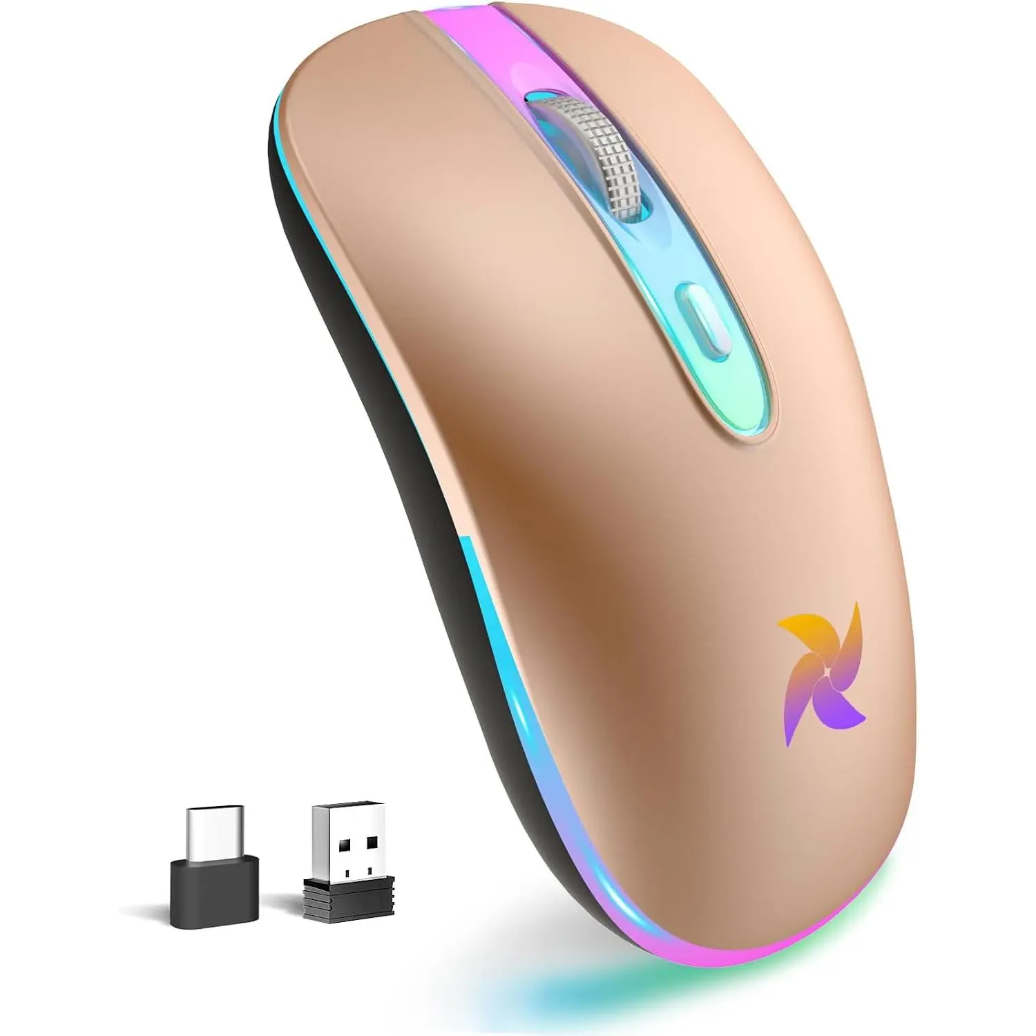 for Laptop, MacBook, 2.4G USB Portable,Champagne | Slim Silent Rechargeable  with Type C Adapter, 3 Adjustable DPI Levels 1600/1200/800 for Tablet with LED Lights