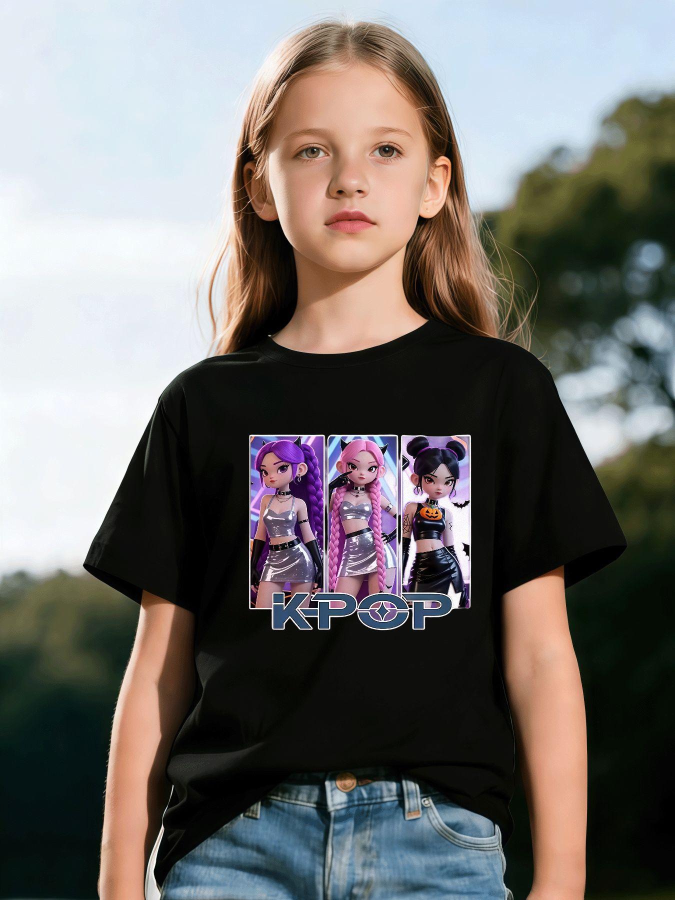 1K-POP Cartoon Girl Group Print, Skin-friendly, Breathable, Trendy and Eye-catching Short-sleeved Top, Perfect for Girls' Idol-chasing and Party Outfits, a Must-have for Black Friday, Valentine's Day, and Other Holidays, Full of Trendy Vibes and Super