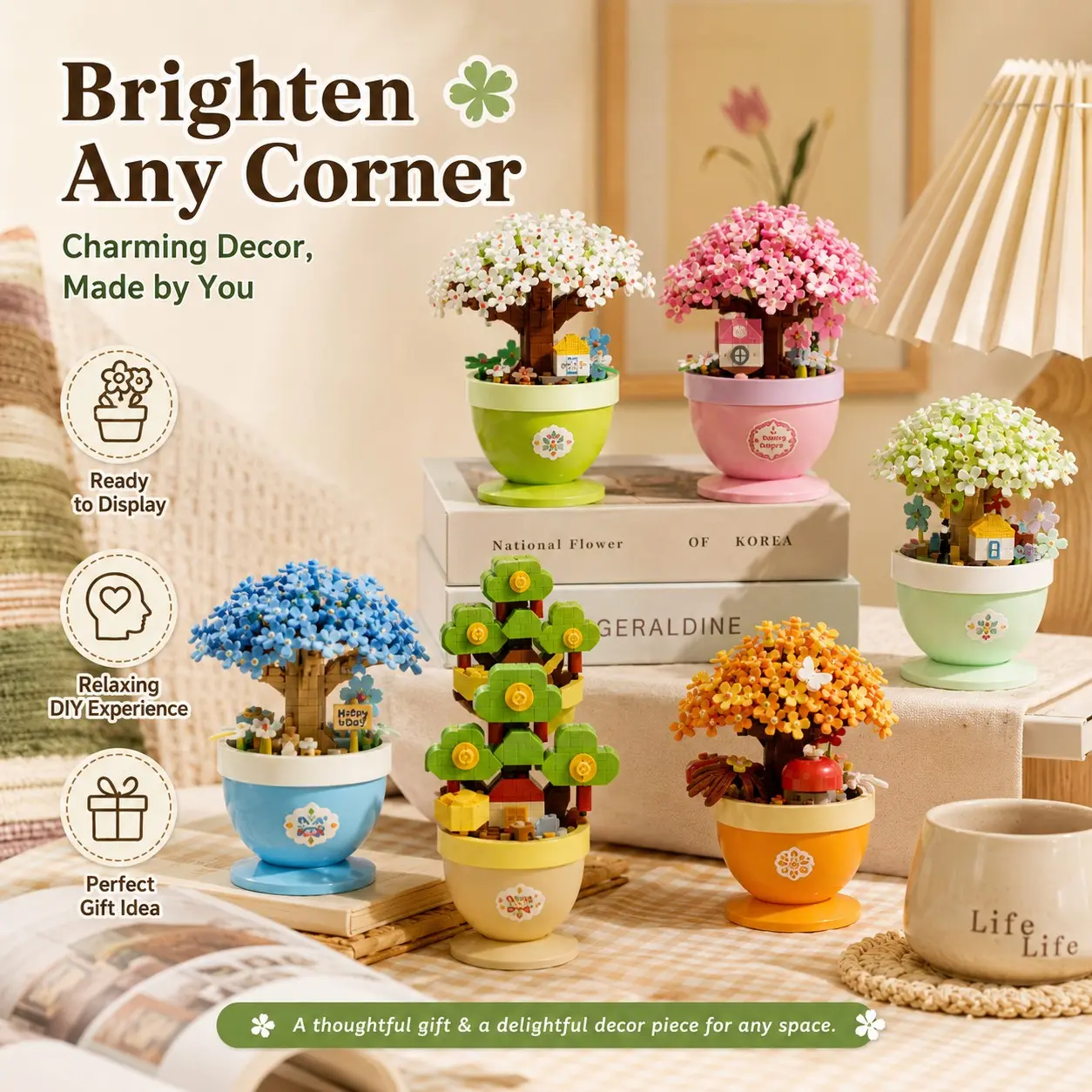 1 Set 9 Styles Flower Pot Micro Block Kit, Cute Floral Home Decor Style, Mini Potted Plant Building Set, Relaxing DIY Assembly, Collectible Desktop Display, Giftable Room Ornament for Office Desk, Bookshelf, Bedroom, Holiday Gift Decor Set Idea