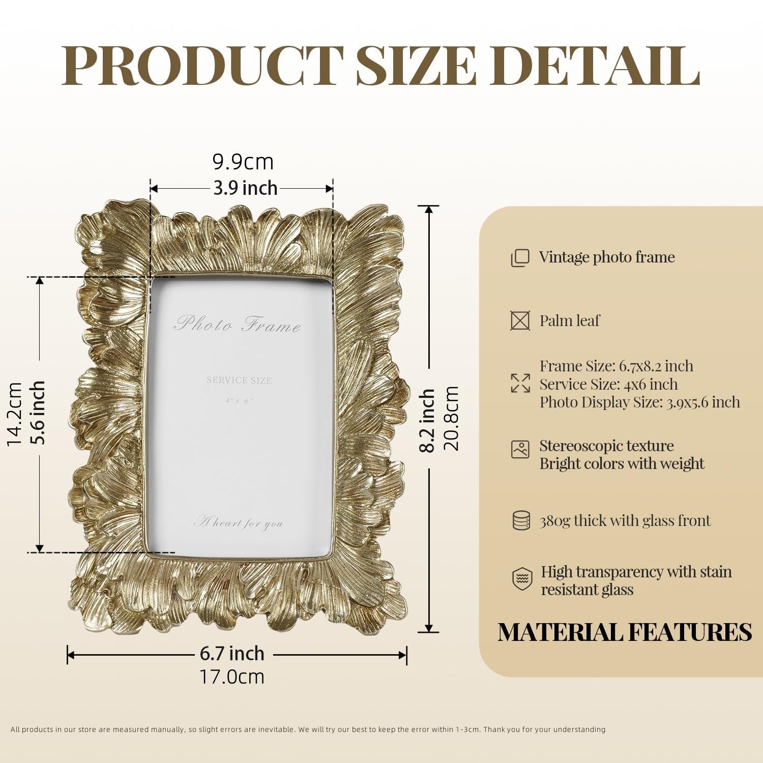 Vintage 4x6 Picture Frame Antique Photo Frame Table Top Display and Wall Hanging, Retro Home Decor, Ornate Photo Gallery Art, Pale Gold