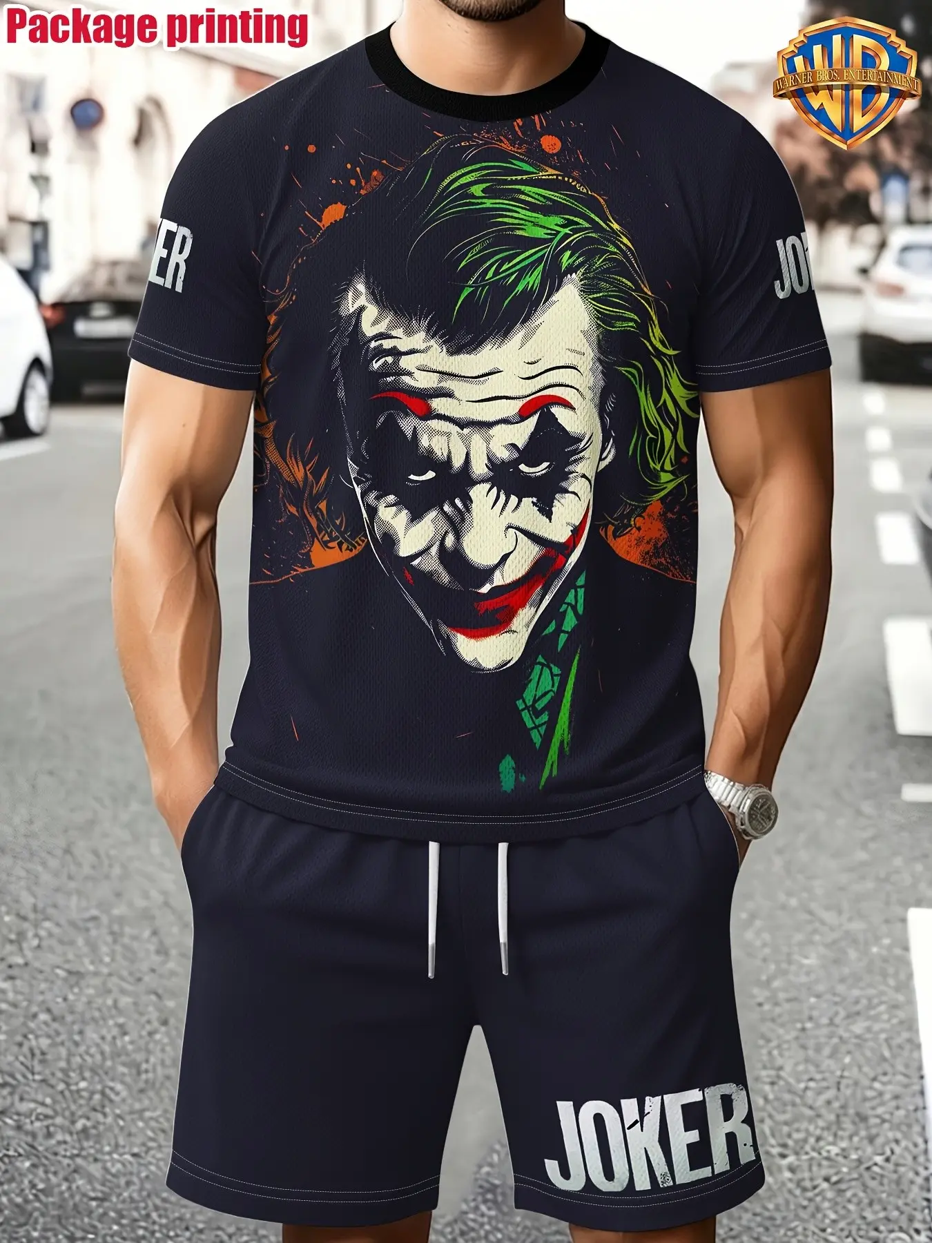 Warner Bros. Joker Themed T-Shirt Set, Lightweight Short Sleeve, Casual Round Neck, 2pcs, Summer Wear, Comfortable Daily Apparel