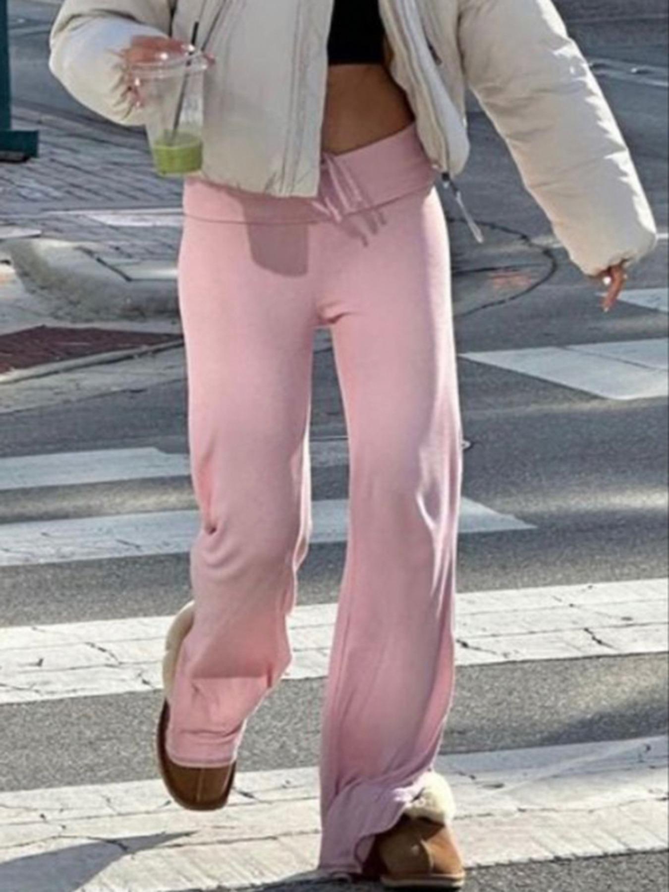 Women's Solid Drawstring Waist Pants, Casual Comfy Straight Leg Trousers for Daily Wear, Rib Flares Pants, Ladies Bottoms for Spring & Summer & Fall