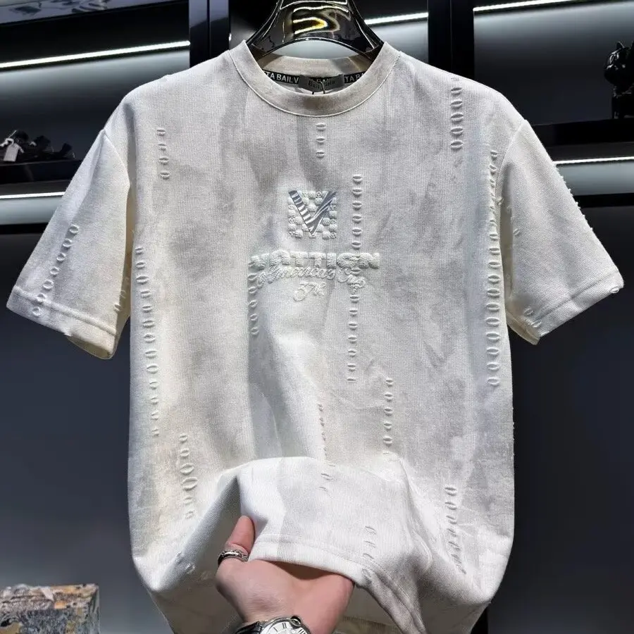 Men's American Style High-End Foam Printed Tie-Dye Ripped Short-Sleeve T-Shirt, 2026 New Summer Trendy Light Luxury Top,Regular,Fit Textured Knit Top,baby,dee,graphic,shirts,jesus,tshirt,streetwear,,story,,Horror,Movie,Vintage,Double-Sided,Lever,Action, S