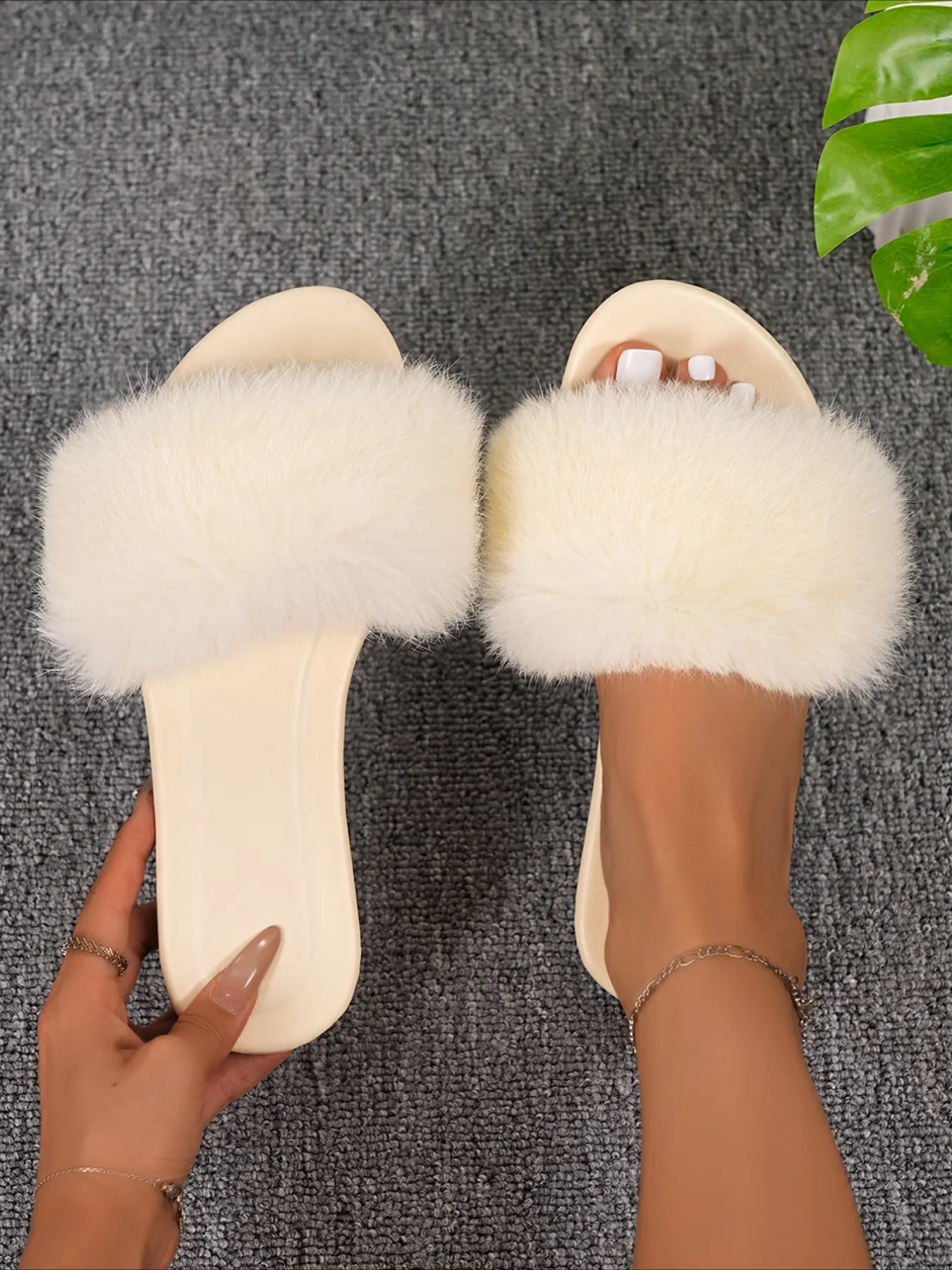 Fluffy pom-pom slide slippers with serrated wedge sole open toe multi-color casual outdoor women fuzzy slides