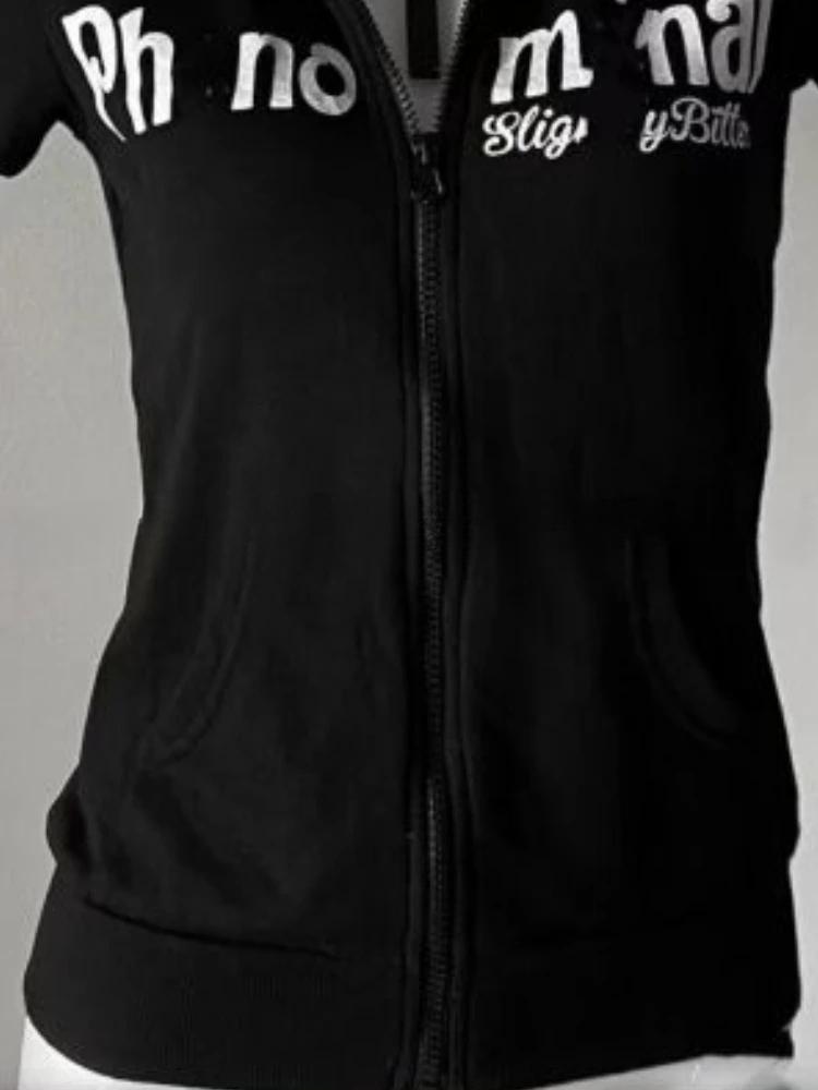 Y2K Subculture Skull Print Zip Cardigan Short Sleeve Women Japan Slim Fit Striped Hoodie Casual Tops Fashion Streetwear Clothes