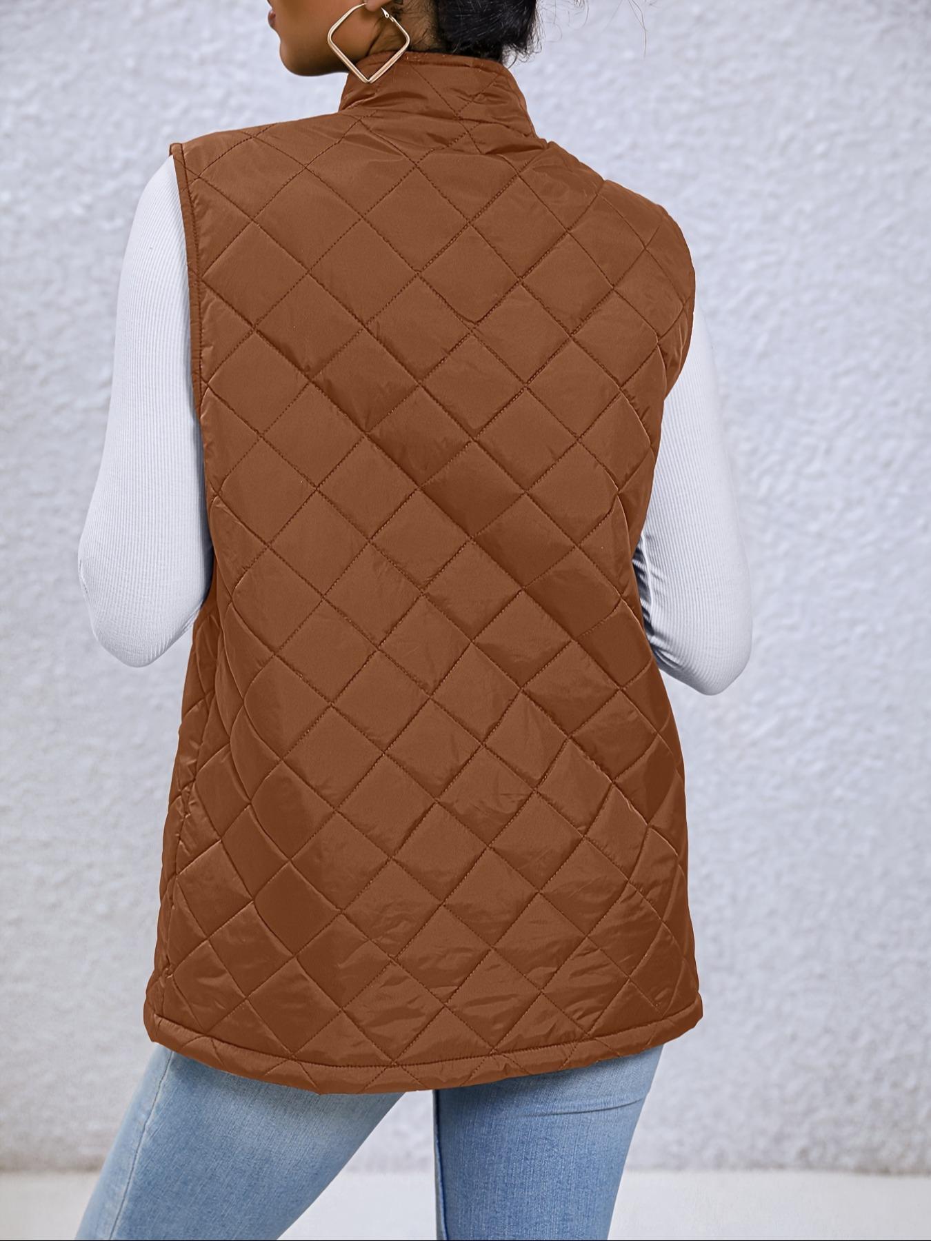 Women's Solid Mock Neck Zip Up Quilted Vest Coat, Casual Pocket Zipper Sleeveless Outerwear For Fall & Winter, Women's Clothes For Daily Wear
