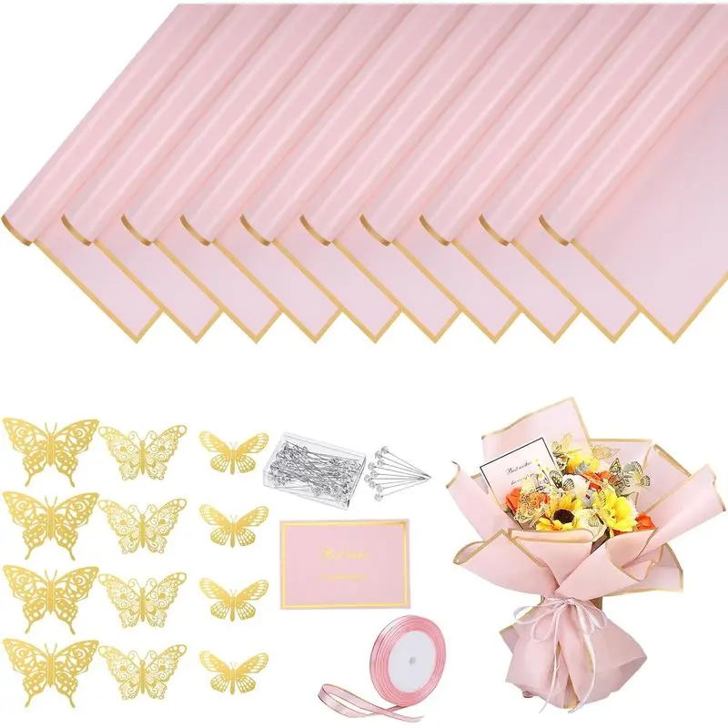 93PCS Flower Bouquet Wrapping Paper Kit, Waterproof Floral Wrapping Supplies with Cards, Ribbon, Pins & Butterfly Decor for DIY Bouquets, Birthday Gifts & Events