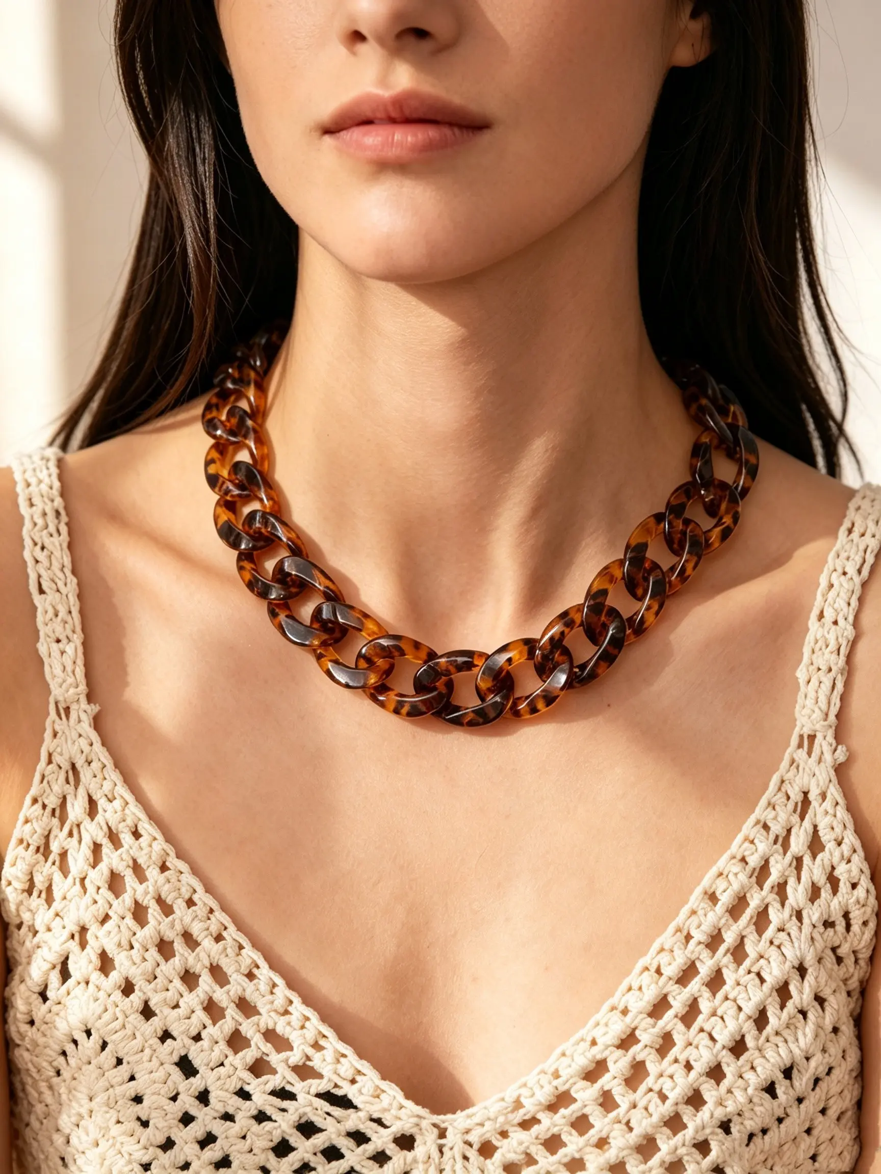 Vintage Tortoiseshell Resin Cuban Necklace, Leopard Print Bold Chain Collarbone Pendant, Women's Street Style Fashion Jewelry