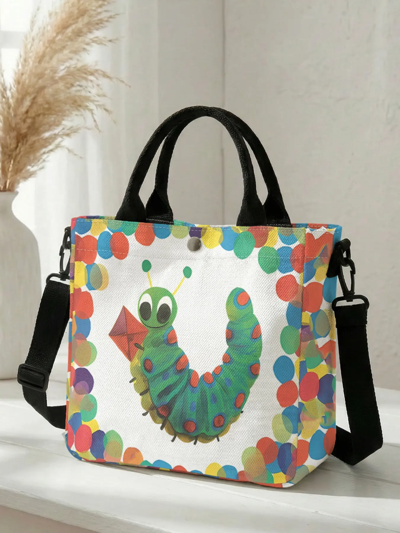 1 piece of 2D printed fashion crossbody bag with caterpillar pattern, adjustable shoulder strap + snap closure | Students/Office workers/Shopping and going out | A street-ready essential that combines style and practicality