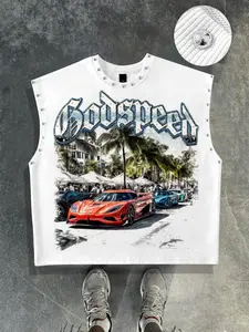 God speed racing style Sporty men's tank top loose sports scene printed sleeveless T-shirt men's silver nail bead white tank top women's loose fit fashionable casual personality retro street style heavyweight men's tank top skateboarding wear