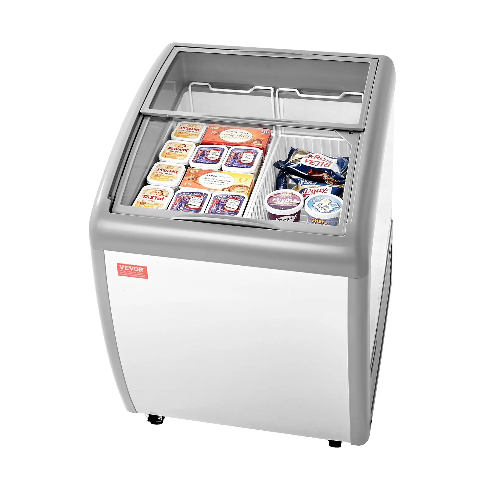 VEVOR Commercial Rectangular Mobile Top Deep Freezer, 5.4 Cu. ft Freestanding Unit, -19 to 3 Temperature Adjustable with 2 Wire Baskets, 2 Sliding Glass Doors, Locking Casters, LED Lighting Strips, Ice Cream Display