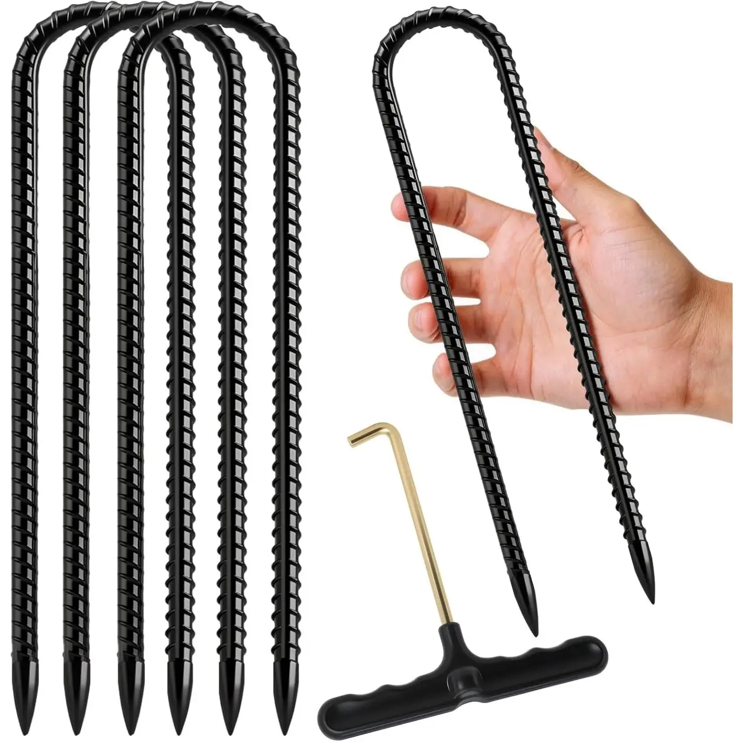 Ground Stakes 11.8 Inch 4PCS Rebar Stakes U Hook, Heavy Duty Metal Trampolines Wind Stakes, Galvanized Steel Ground Anchors for Tents, Swing Set, Fences, Outdoor Decorations and More