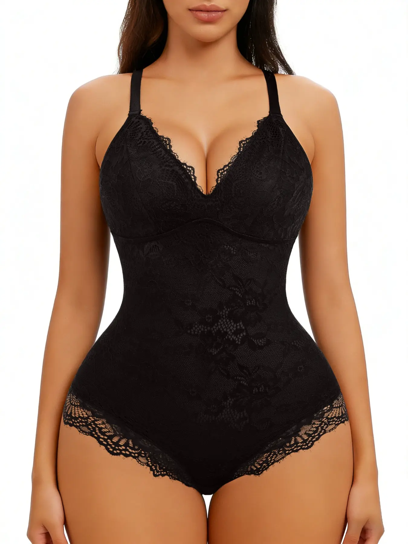 Women's Lace Shapewear Bodysuit Dual Layer V-Neck Backless Design, Sheer Contrast Lace, Adjustable Strap, Casual All Seasons Wear