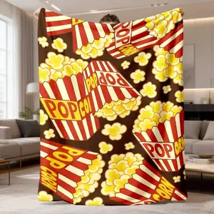 2026 New Flannel Blanket 1Pc Retro Popcorn Design Soft Plush Blanket Comfortable Movie-Themed Throw For Bed, Couch, Office & Camping, Breathable Hypoallergenic Material, Machine Washable, Assorted Colors