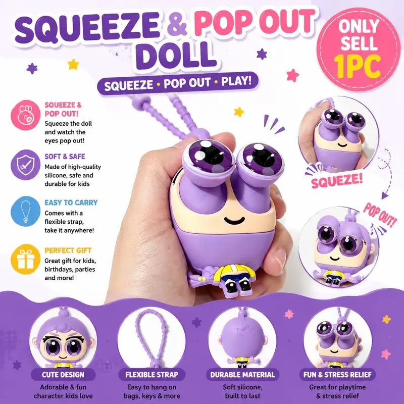 3D Cartoon Silicone Backpack Keychain with Pop Out Glass Eyes, Stress Relief Squeeze Fidget Key Chain, Kids Handbag Pendant, Birthday Holiday Party Accessory Gifts for Boys Girls