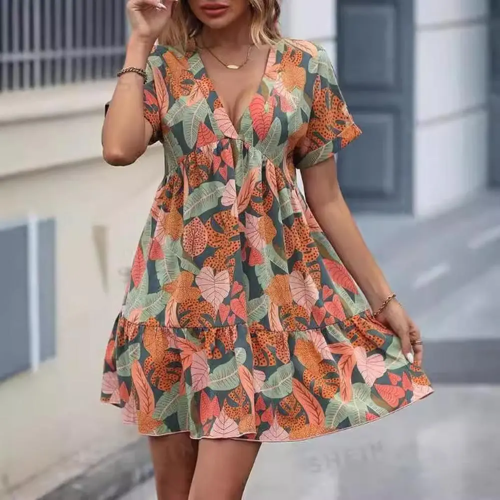 YF Women Tropical Leaf Print Babydoll Mini Dress, V Neck Short Sleeve Ruffle Hem Flowy Sundress, Loose Casual Summer Dress for Beach Vacation Daily Date, Green Multi Sizes