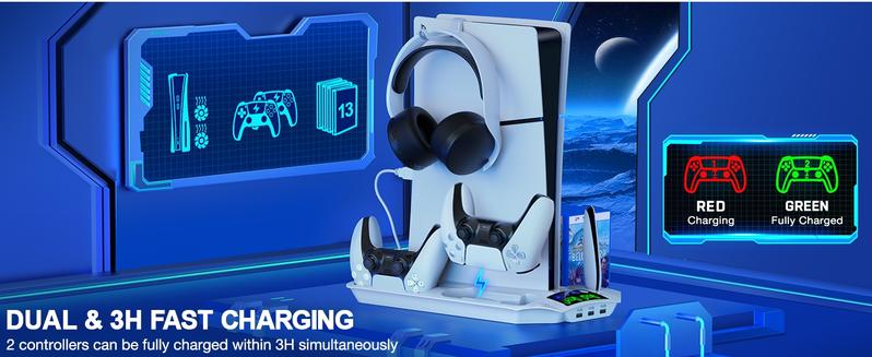 ESYWEN PS5 Pro/Slim Stand & Cooling Station with Controller Charging for PlayStation 5 Disc Digital Console, 3 Levels Fan, 13 Game Slots, 3 USB Hub, Headset Holder, Wearable