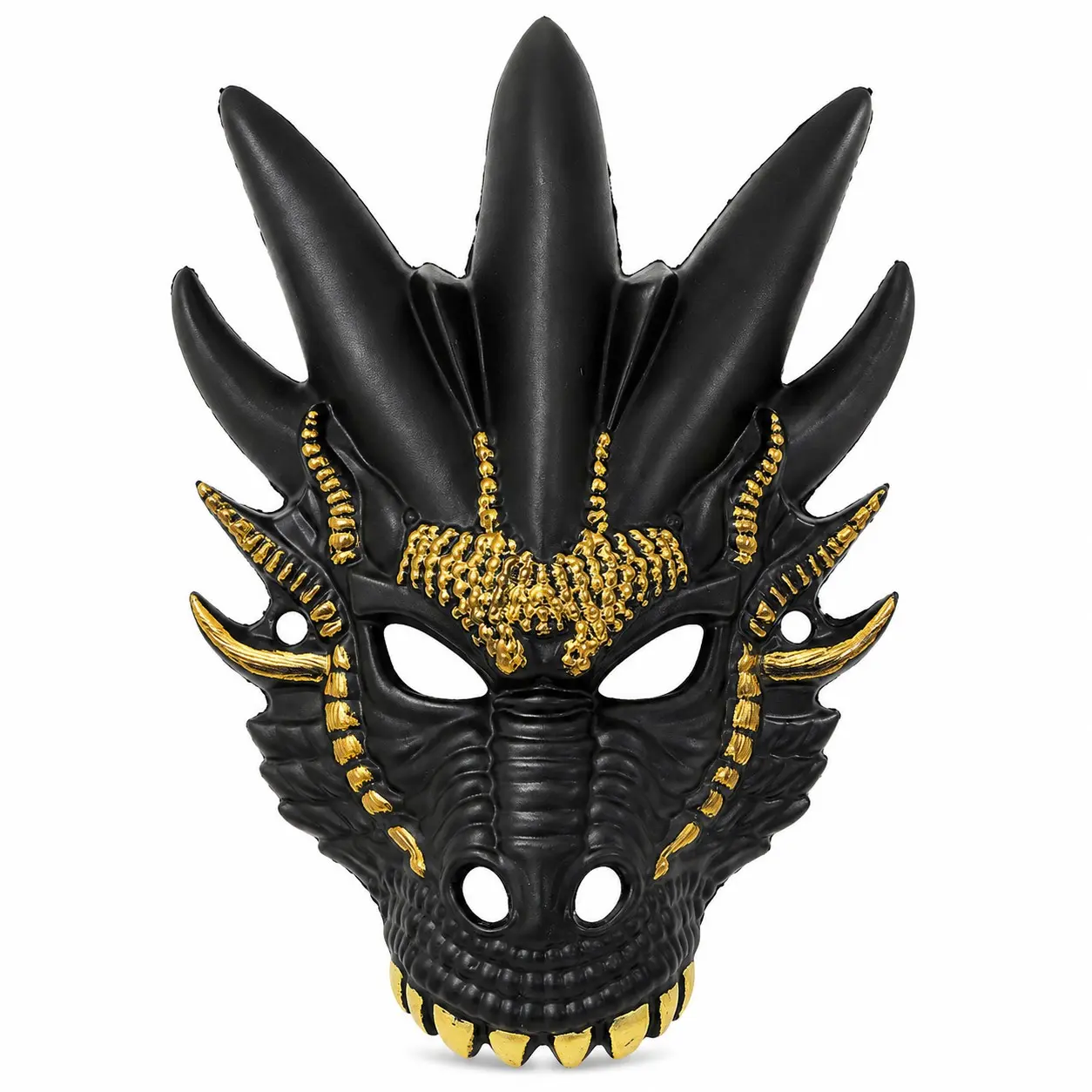 3D Dragon Head Mask, Black Gold Horned Dragon Face Mask for Halloween Costume Party, Cosplay Masquerade Stage Prop