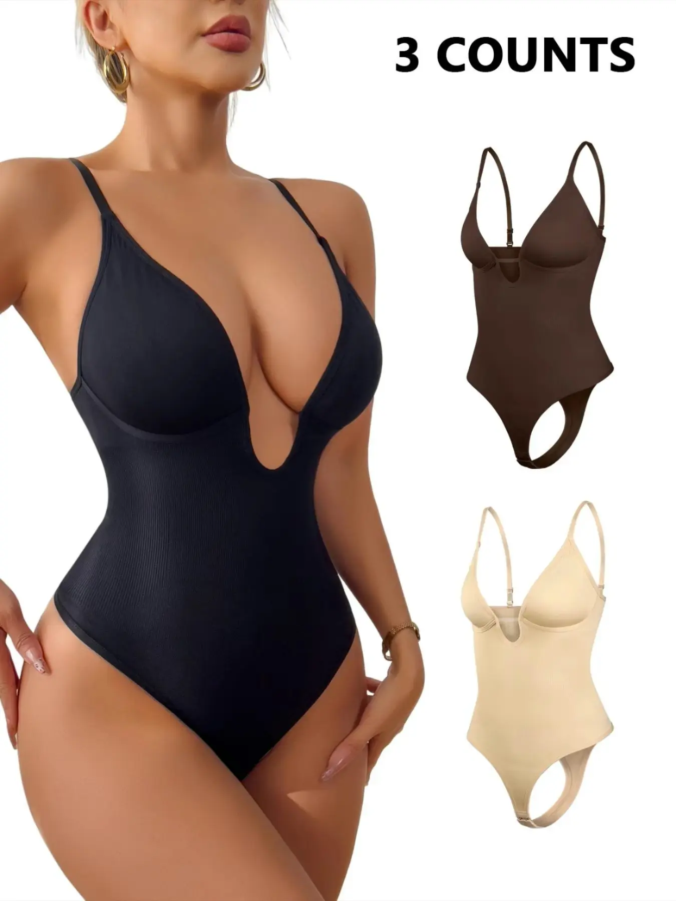 Sexy Backless Shapewear Bodysuit Women｜Open Neck Slim Fit Body Shaper｜Adjustable Strap Tummy Control Bodysuit｜Butt Lifting Shapewear｜Daily Wear Invisible Shaping Underwear｜Date Night / Party Outfit Base Layer Striped