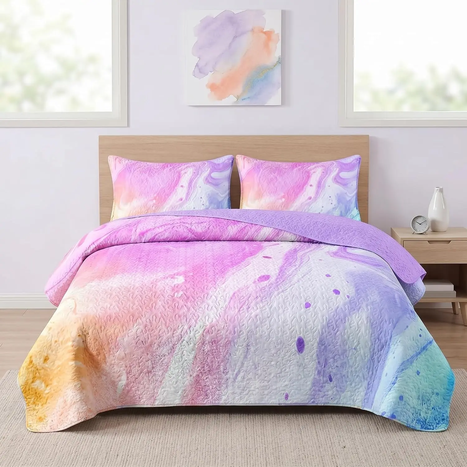 Pamnest Queen Quilt Set, 3 Pieces Tie Dye Marble Bedding, Bedspread | Girly Blue Purple Pink Lightweight Coverlet, Soft Bed Cover with 2 Pillow Shams for All Season