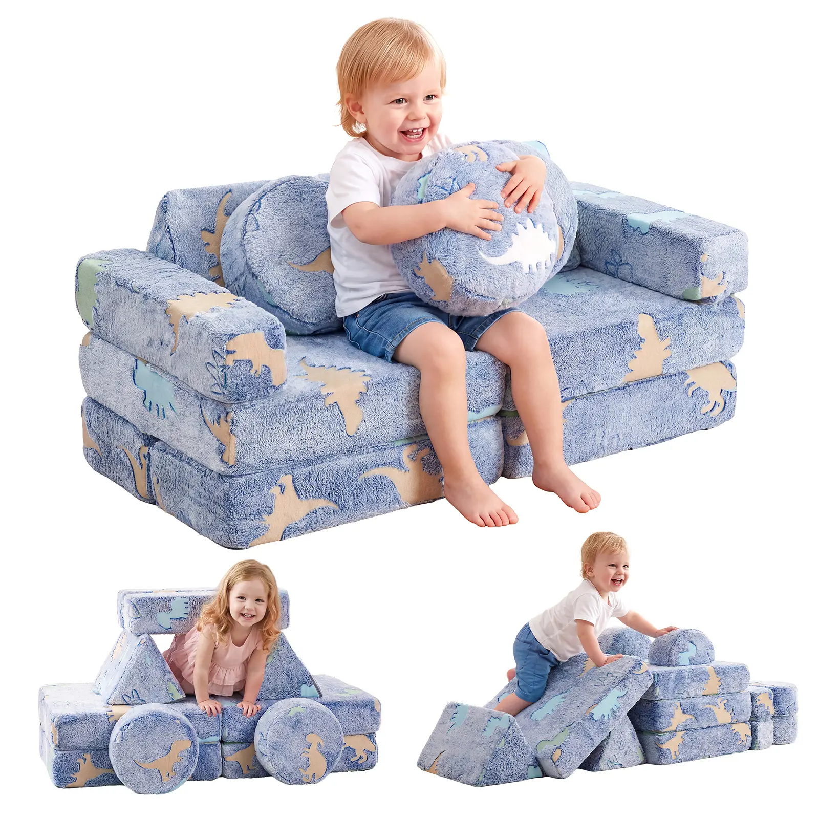 39 Inch Modular Kids Play Couch | Glow-in-the-Dark Toddler Sofa – Build, Stack & Nap! 🔥 Foam Blocks Couch for Girls & Boys, Play Couch for Forts, Reading Nook & Movie Nights