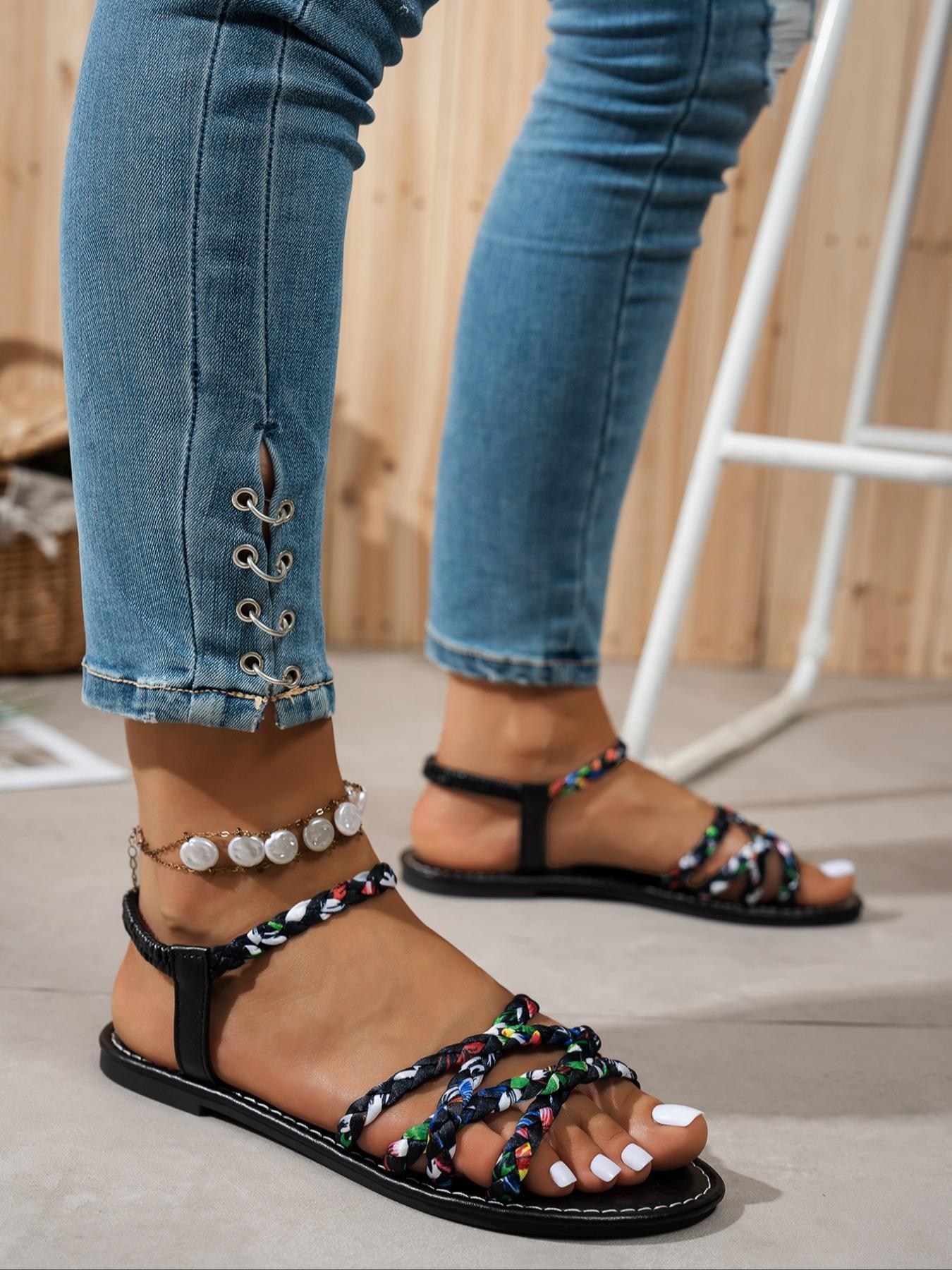 Women's Fashionable Colorful Flower Pattern Braided Sole Sandals, Casual Comfortable Toe Thong Sandals for Summer, Female All-match Round Toe Sandals for Daily Wear, Girl, Casual Flat Sandals