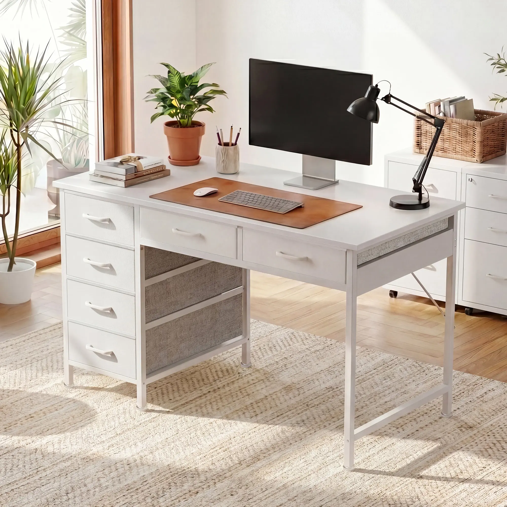 AODK Small Computer Desk with 6 Drawers & Reversible Storage, Compact Work Table for Home Office, Bedroom & Study